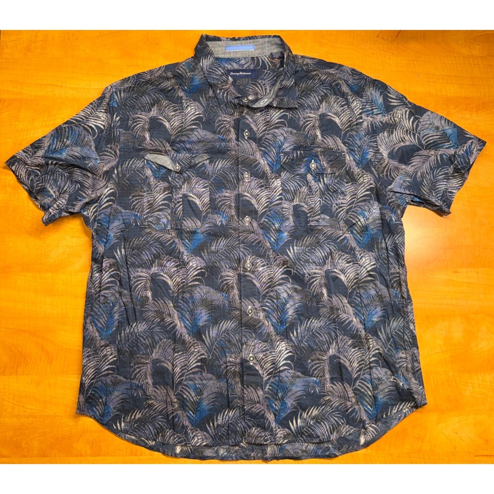 Tommy Bahama Mens XXL Blue Palm Leaf Print Short Sleeve‎ Button Down Shirt